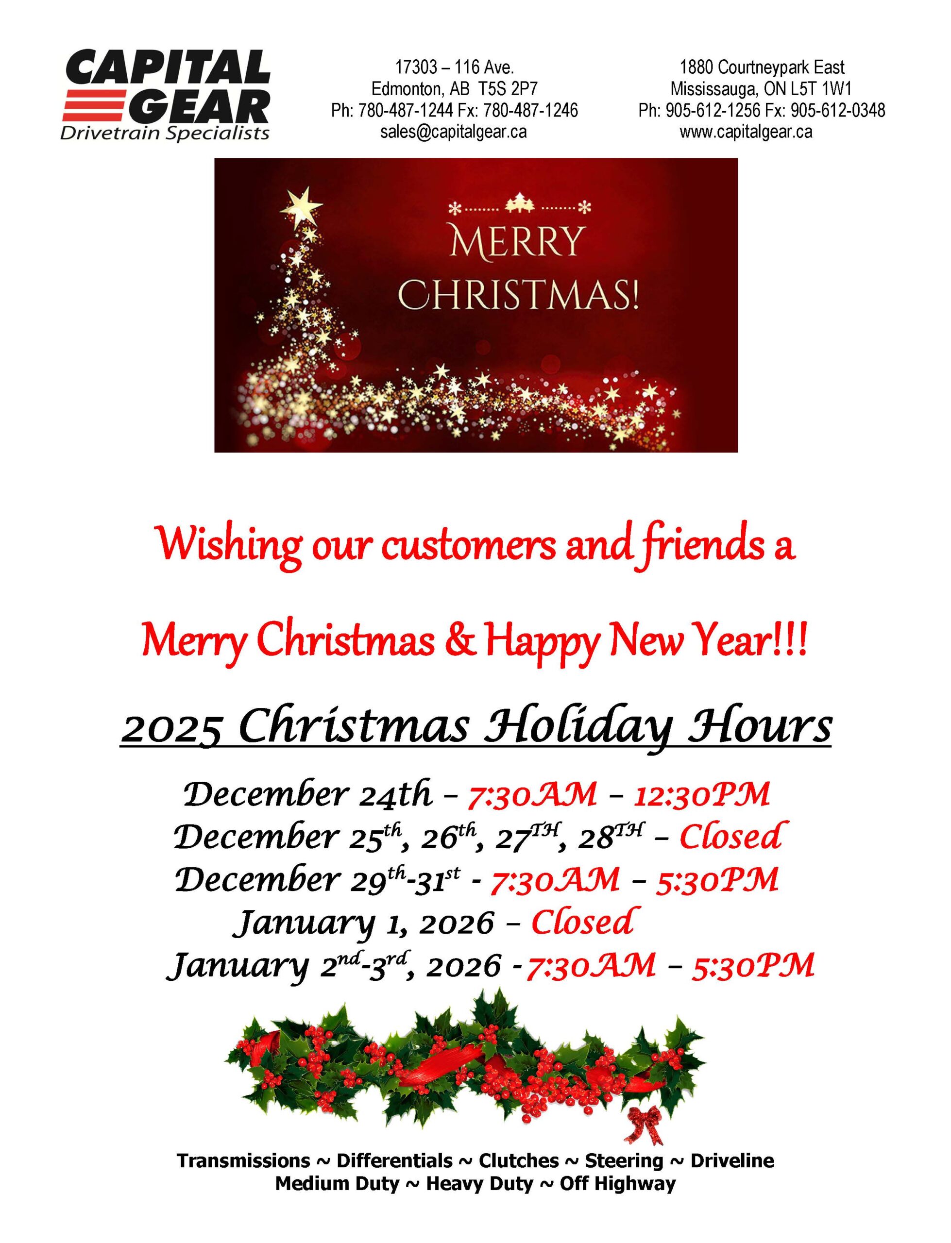 CGL Christmas 2025 Hours